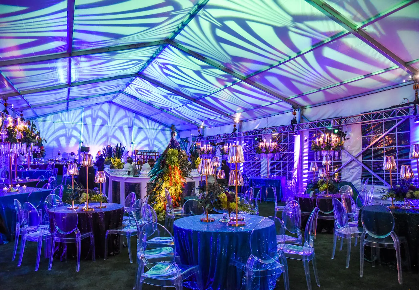 Whimsical gala event in a tent