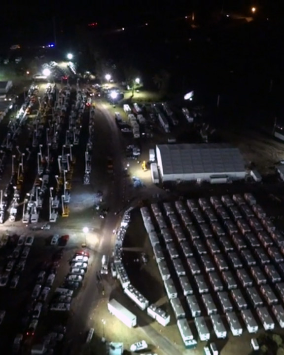 Drone shot of tents and structures in a disaster relief project
