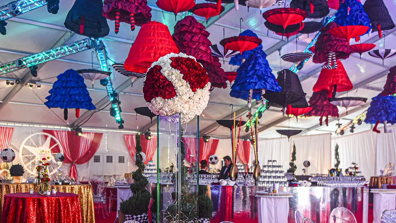 Decorations hung from Tent Ceiling
