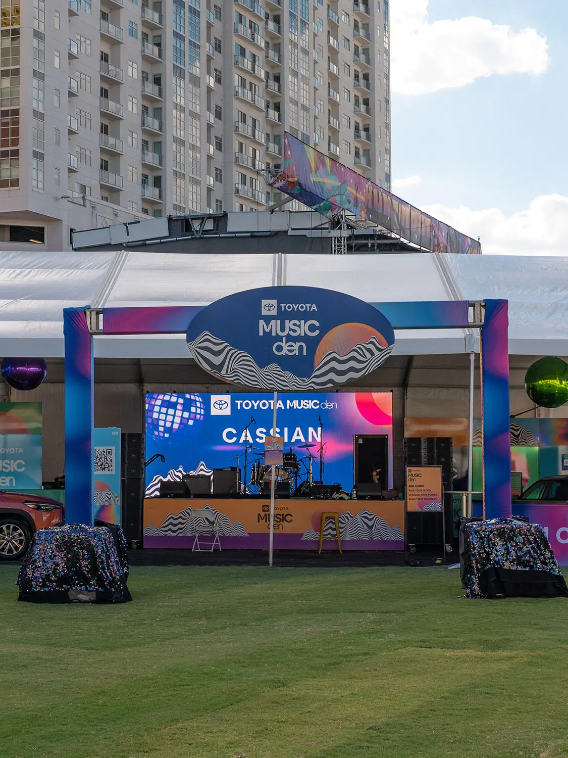 Music stage set up on grassy lawn