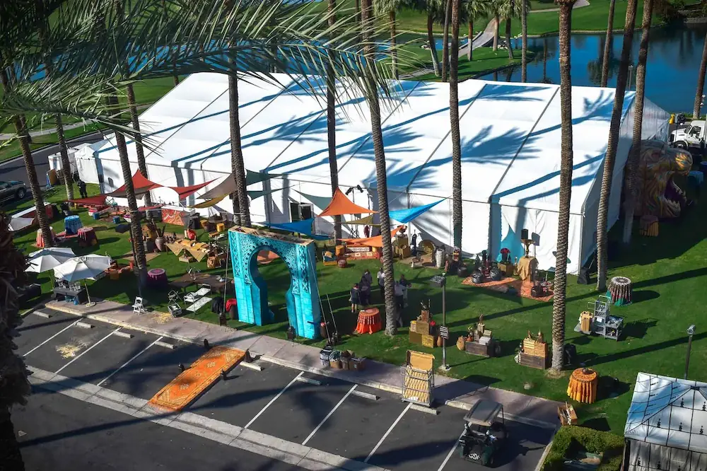 Drone image of tent with activities outside